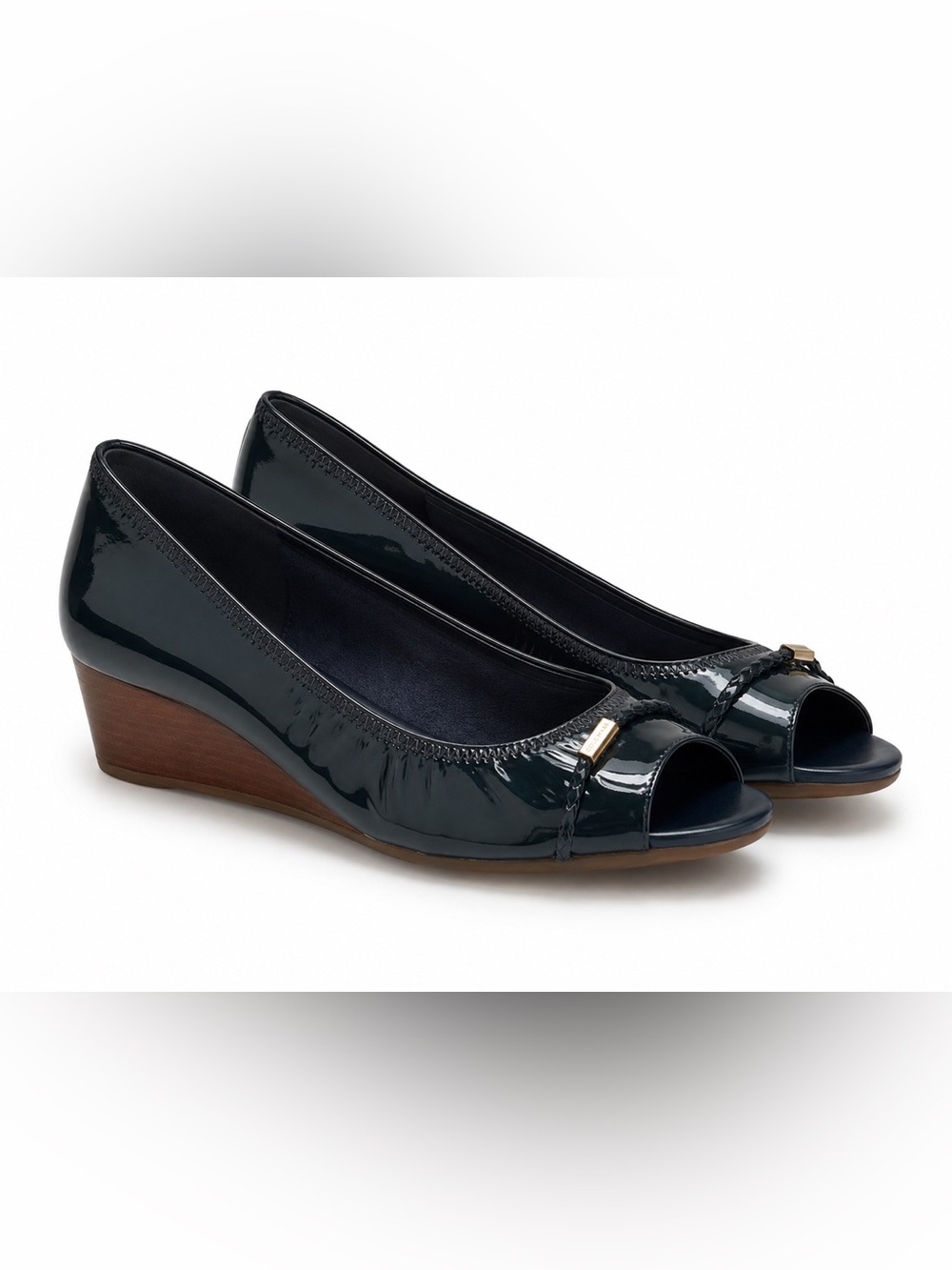 Cole Haan Teal Patent Leather Open-Toe Wedge Pumps